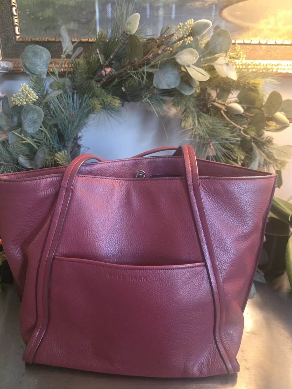 Cole Haan Burgundy Pebbled Leather Tote